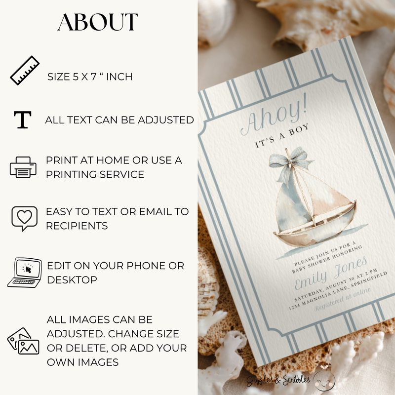 Ahoy It's a Boy Sailor Boat Baby Shower Invitation BS262