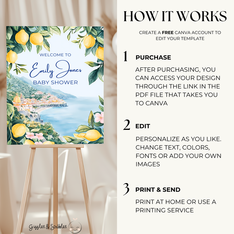 Baby Shower Welcome Sign - Amalfi Coast Lemons Mediterranean BS101