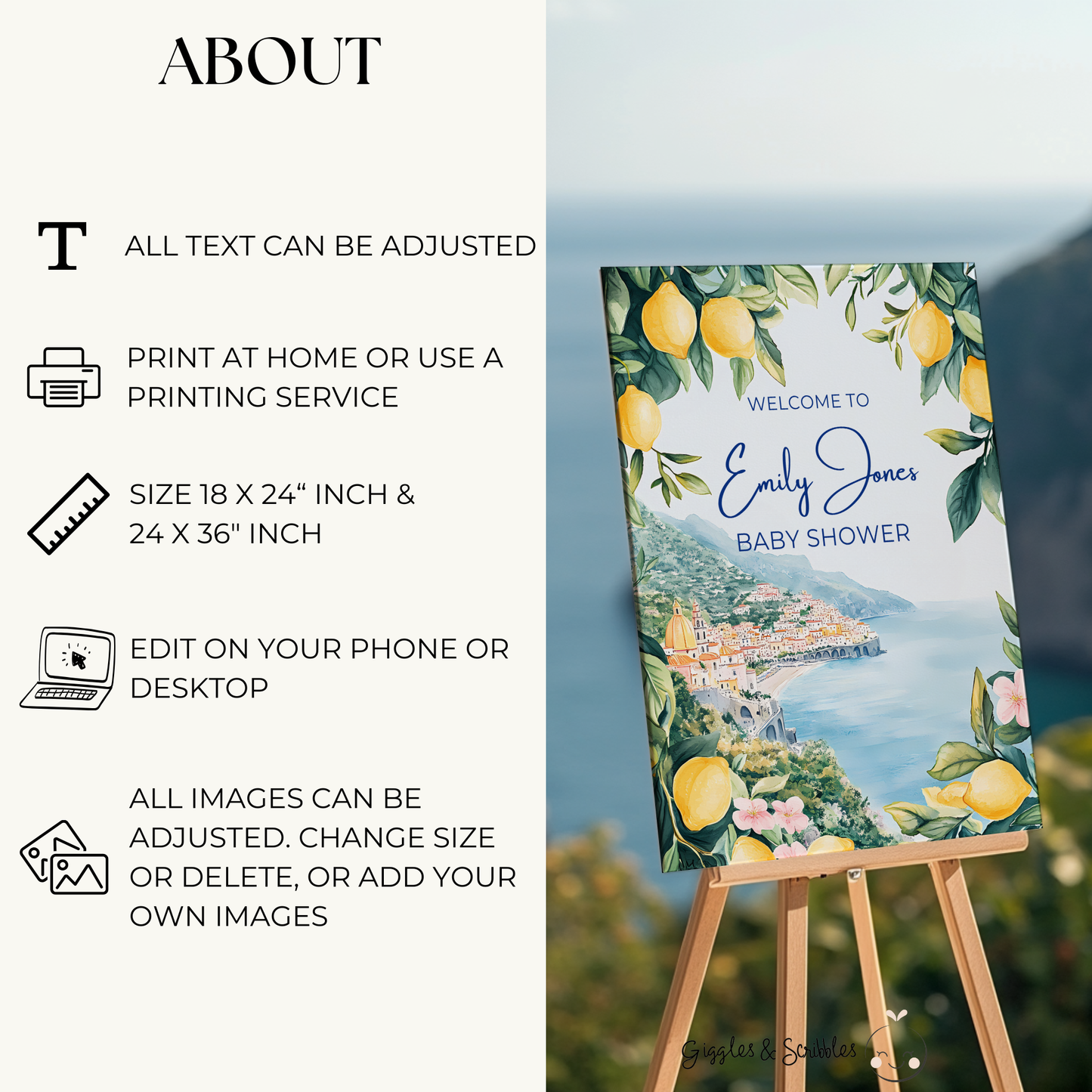 Baby Shower Welcome Sign - Amalfi Coast Lemons Mediterranean BS101