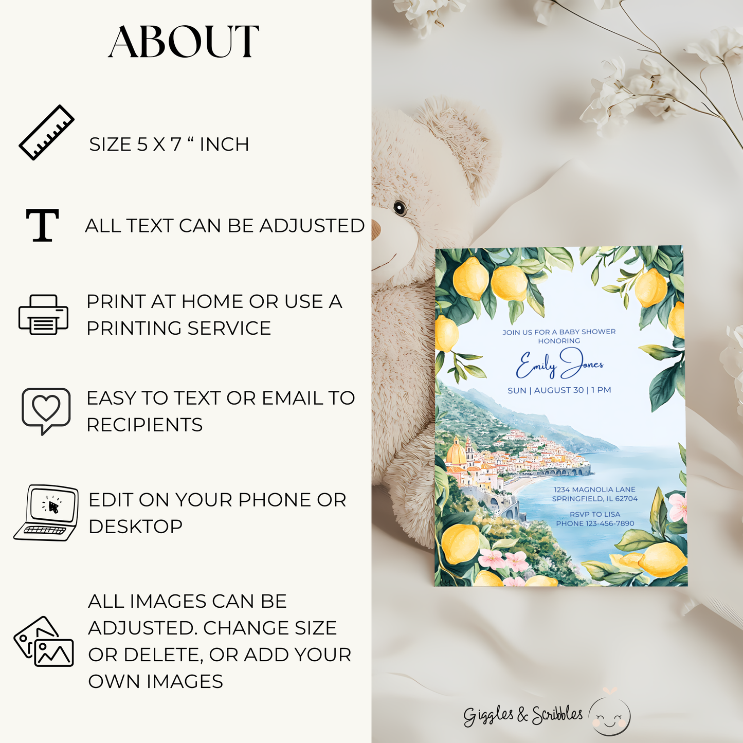 Baby Shower Invitation - Amalfi Coast Mediterranean Lemons Italy BS101