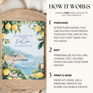 Baby Shower Invitation - Amalfi Coast Mediterranean Lemons Italy BS101