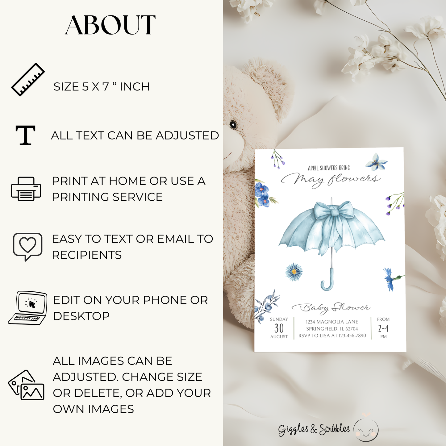 Baby Shower Invitation - April Showers Bring May Flowers Blue Umbrella with Wildflowers BS67