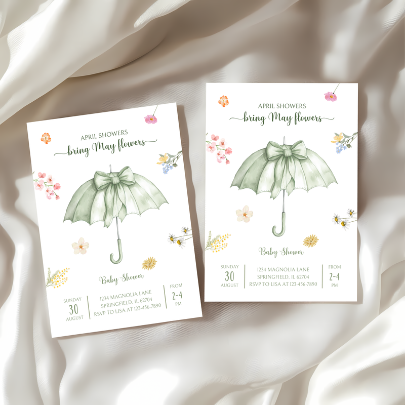 Baby Shower Invitation - April Showers Bring May Flowers Green Umbrella with Wildflowers BS68