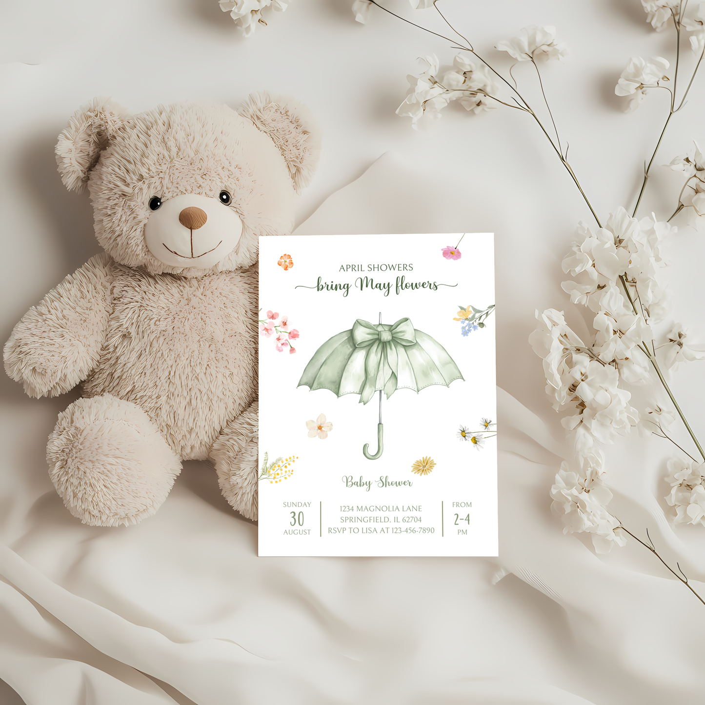 Baby Shower Invitation - April Showers Bring May Flowers Green Umbrella with Wildflowers BS68