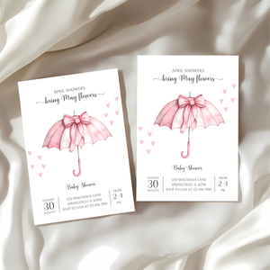 Baby Shower Invitation - April Showers Bring May Flowers Pink Bow Umbrella BS69