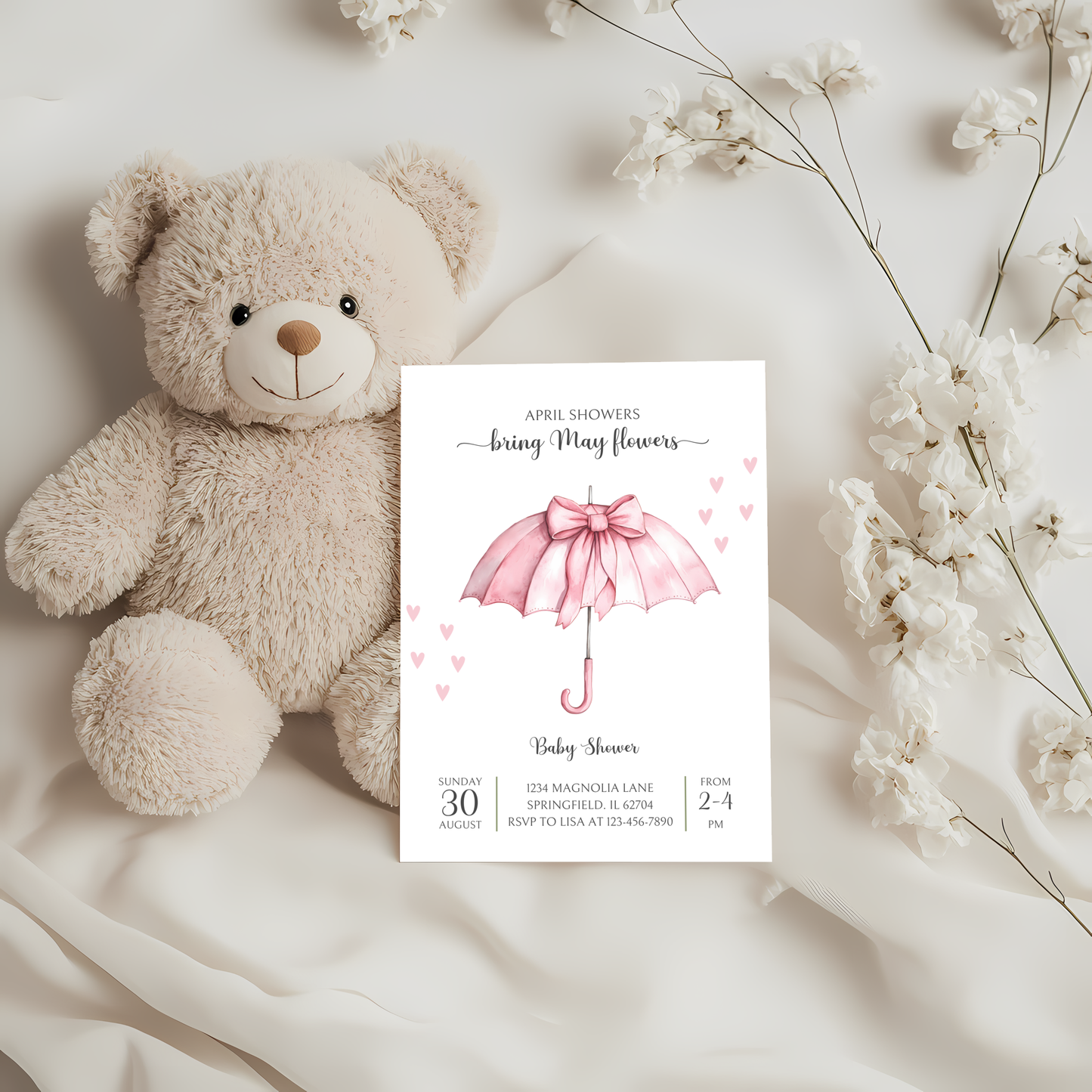 Baby Shower Invitation - April Showers Bring May Flowers Pink Bow Umbrella BS69