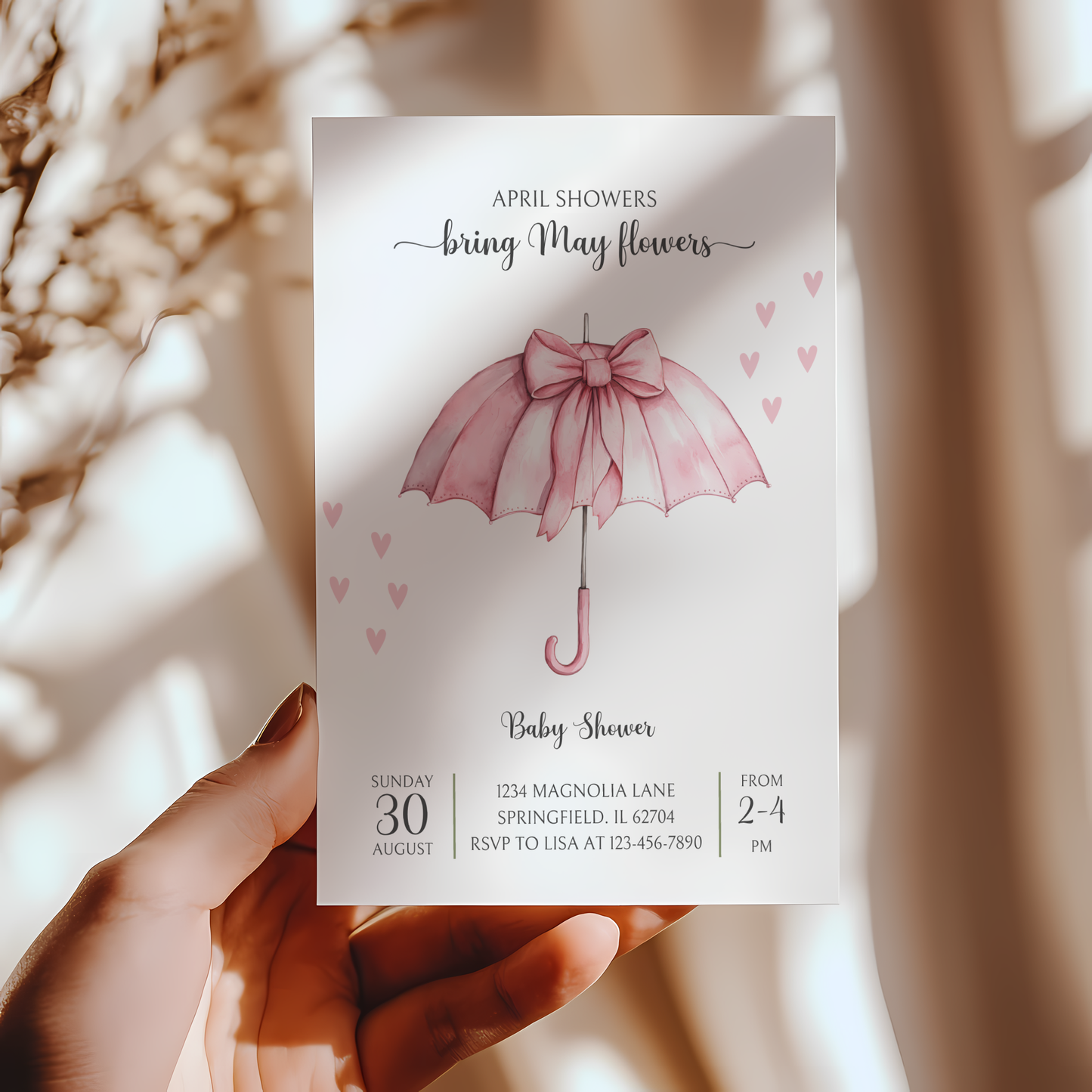 Baby Shower Invitation - April Showers Bring May Flowers Pink Bow Umbrella BS69
