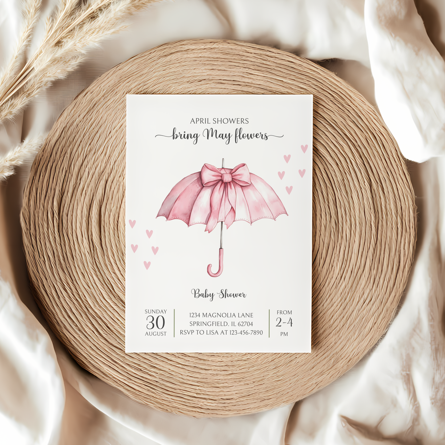 Baby Shower Invitation - April Showers Bring May Flowers Pink Bow Umbrella BS69