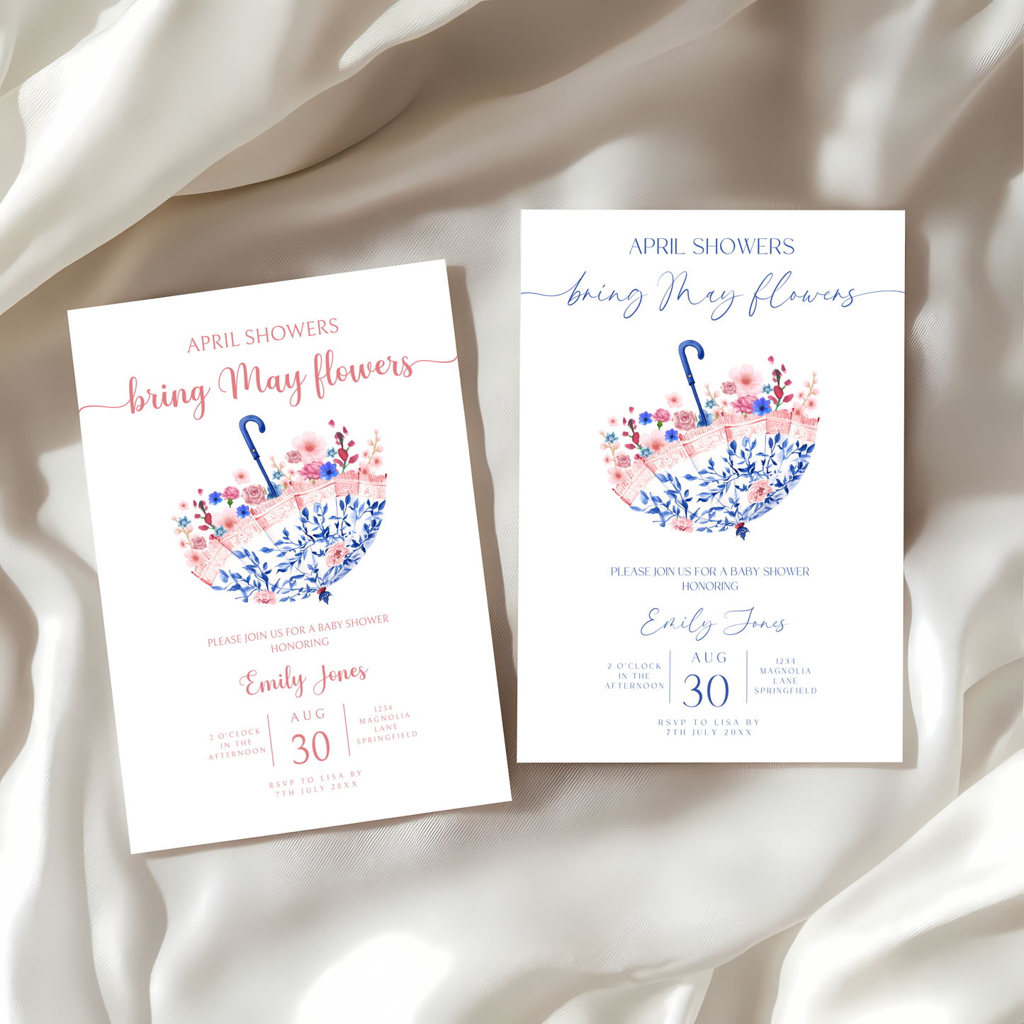 Baby Shower Invitation - April Showers Bring May Flowers Blue Pink Umbrella BS74