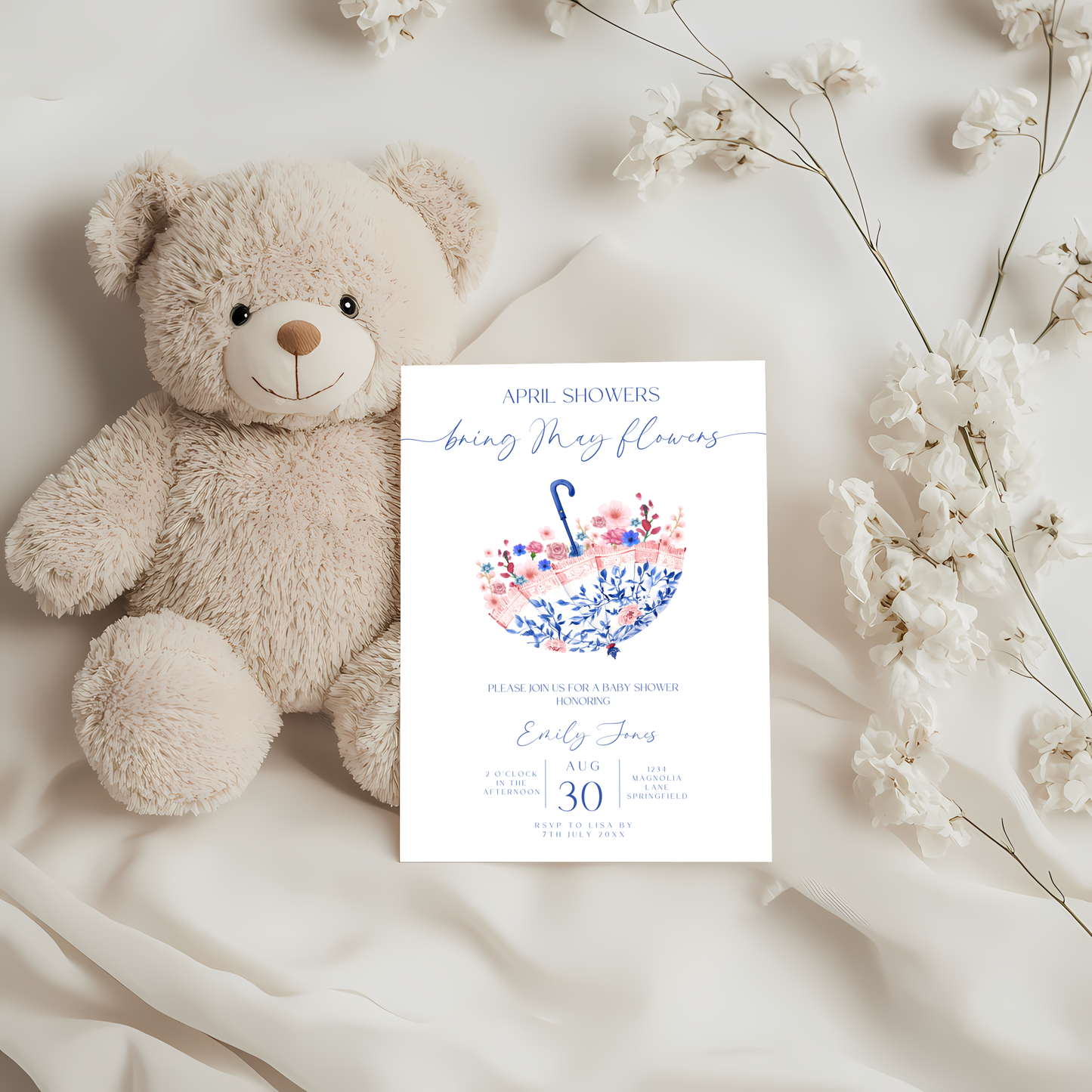 Baby Shower Invitation - April Showers Bring May Flowers Blue Pink Umbrella BS74