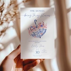 Baby Shower Invitation - April Showers Bring May Flowers Blue Pink Umbrella BS74