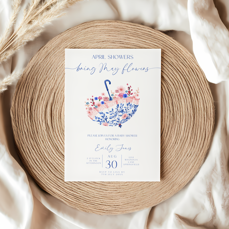 Baby Shower Invitation - April Showers Bring May Flowers Blue Pink Umbrella BS74