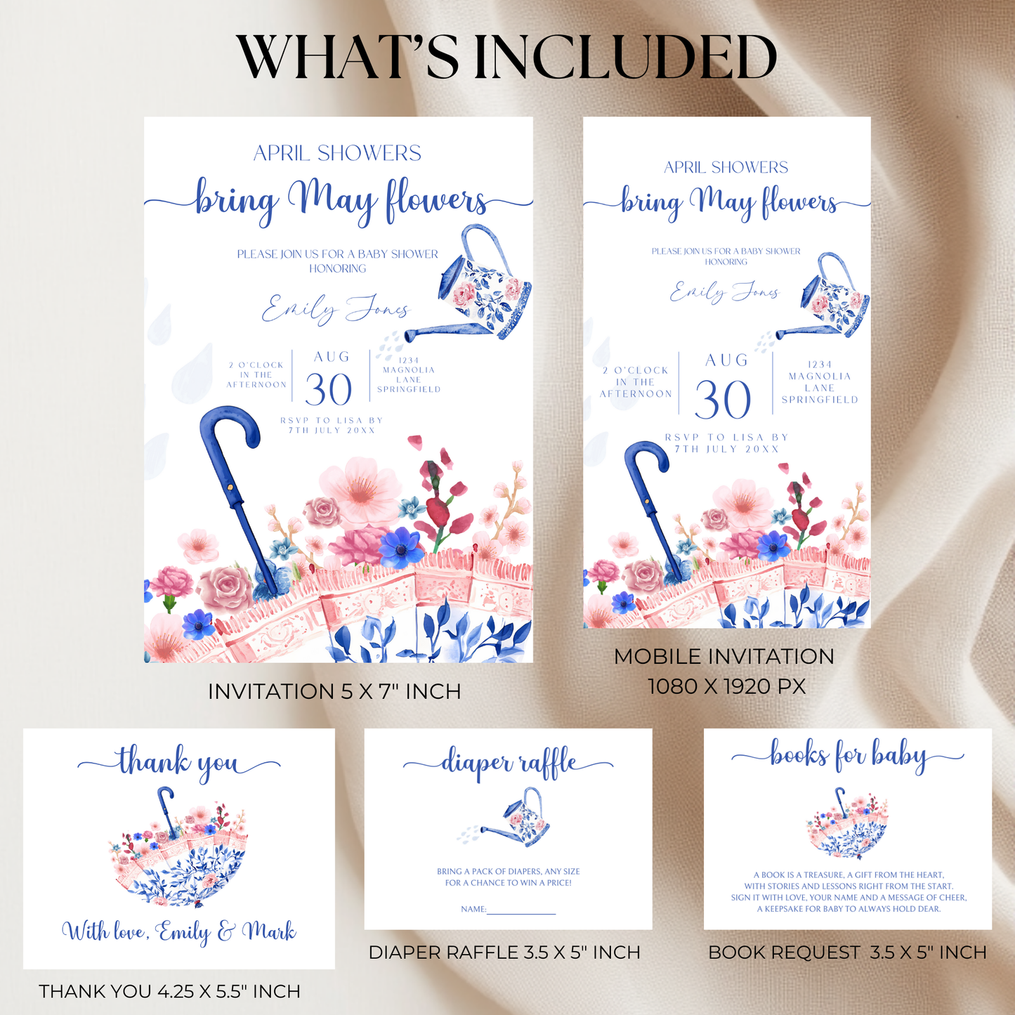 Baby Shower Invitation Bundle - April Showers Bring May Flowers Pink Blue Chinoiserie Umbrella BS74