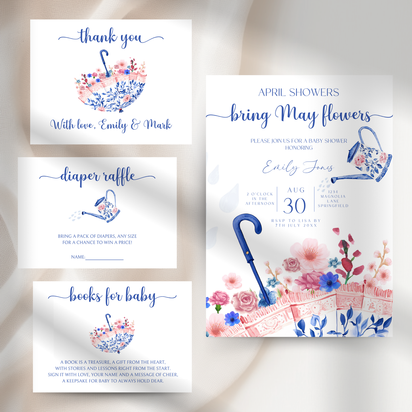 Baby Shower Invitation Bundle - April Showers Bring May Flowers Pink Blue Chinoiserie Umbrella BS74