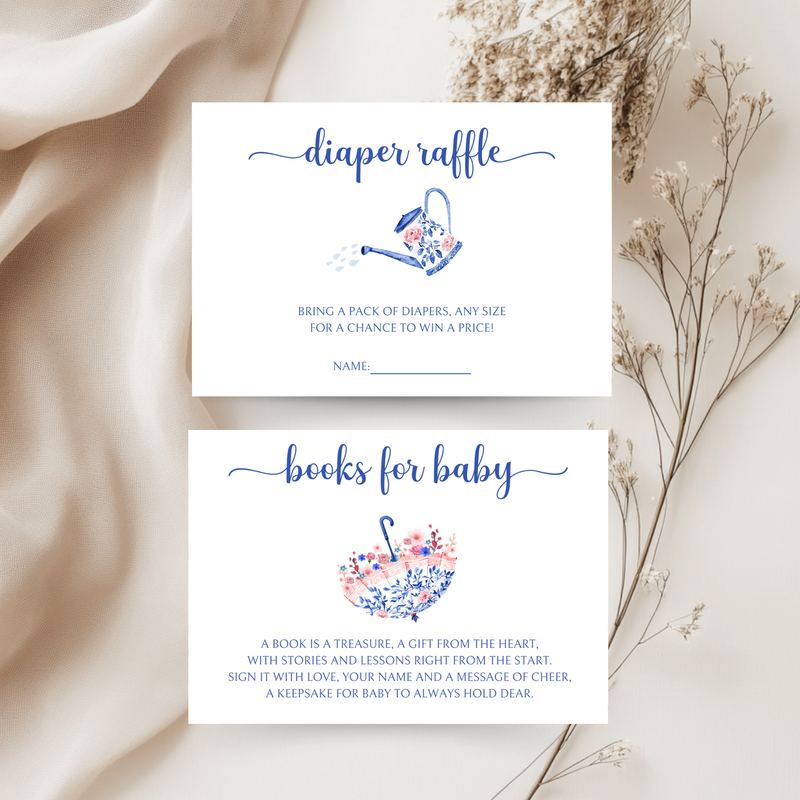 Baby Shower Invitation Bundle - April Showers Bring May Flowers Pink Blue Chinoiserie Umbrella BS74