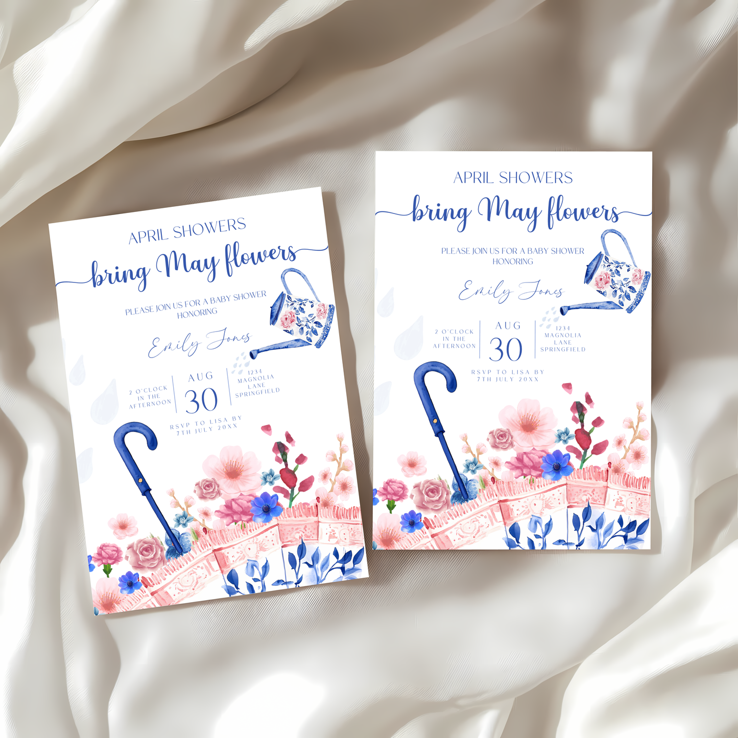 Baby Shower Invitation Bundle - April Showers Bring May Flowers Pink Blue Chinoiserie Umbrella BS74