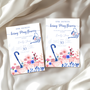 Baby Shower Invitation - April Showers Bring May Flowers Blue Pink Chinoiserie Umbrella BS74