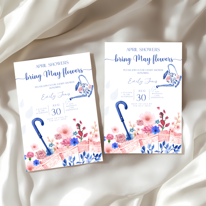 Baby Shower Invitation - April Showers Bring May Flowers Blue Pink Chinoiserie Umbrella BS74