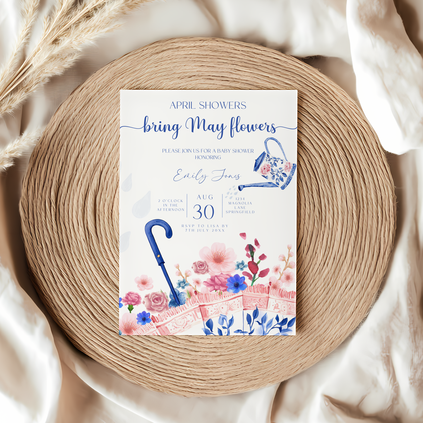 Baby Shower Invitation - April Showers Bring May Flowers Blue Pink Chinoiserie Umbrella BS74