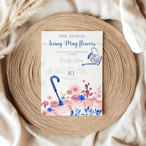 Baby Shower Invitation - April Showers Bring May Flowers Blue Pink Chinoiserie Umbrella BS74