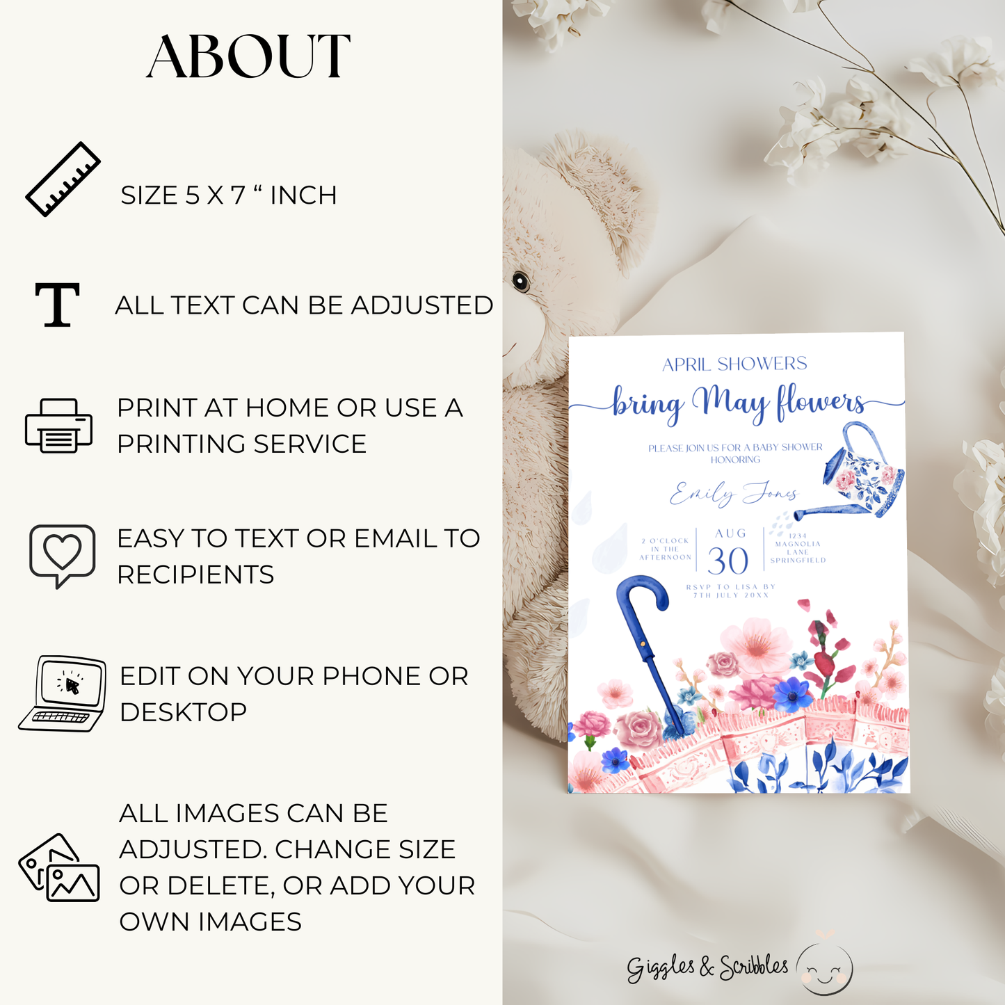 Baby Shower Invitation - April Showers Bring May Flowers Blue Pink Chinoiserie Umbrella BS74