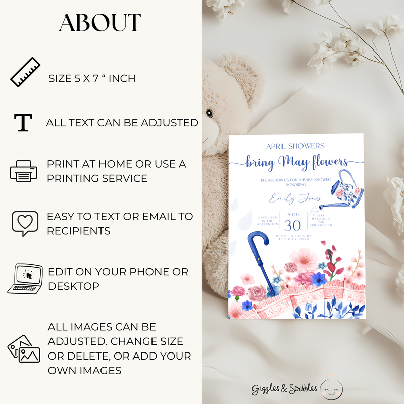 Baby Shower Invitation - April Showers Bring May Flowers Blue Pink Chinoiserie Umbrella BS74