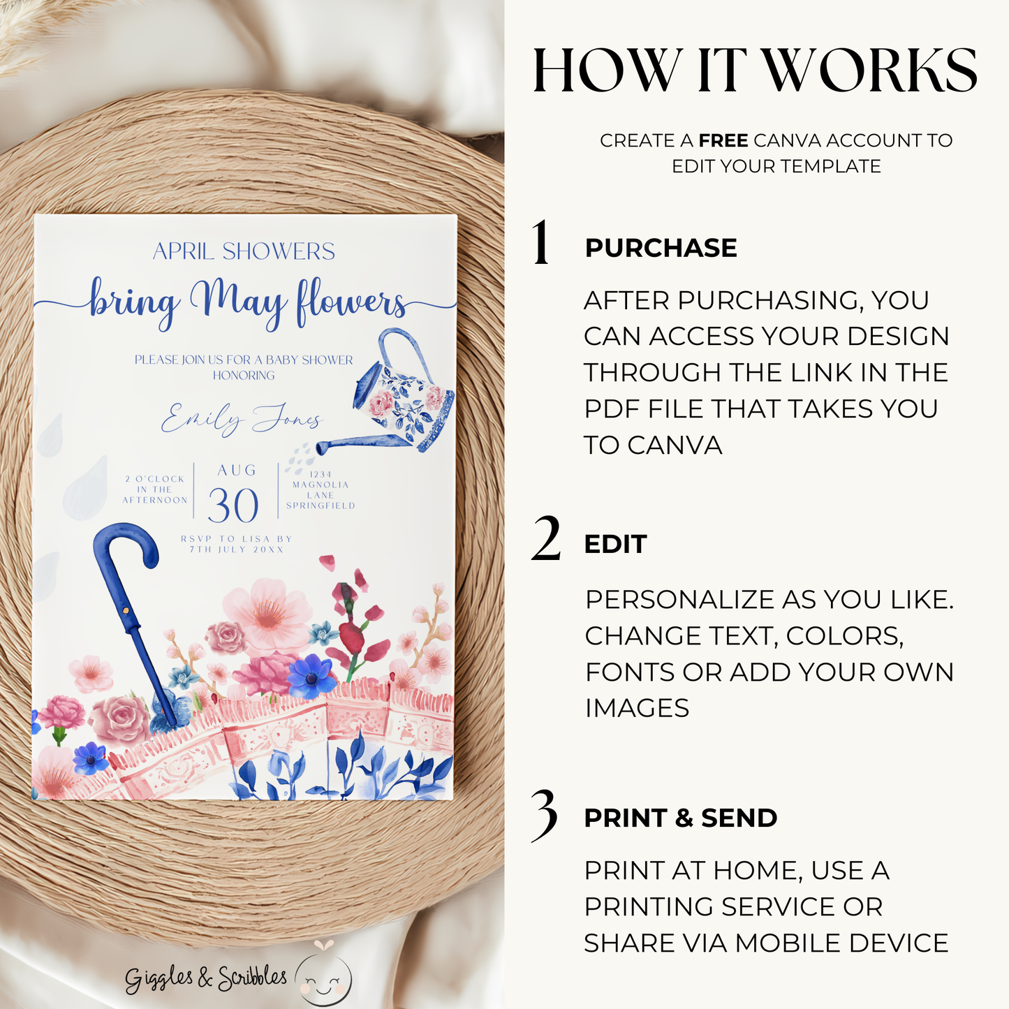 Baby Shower Invitation - April Showers Bring May Flowers Blue Pink Chinoiserie Umbrella BS74