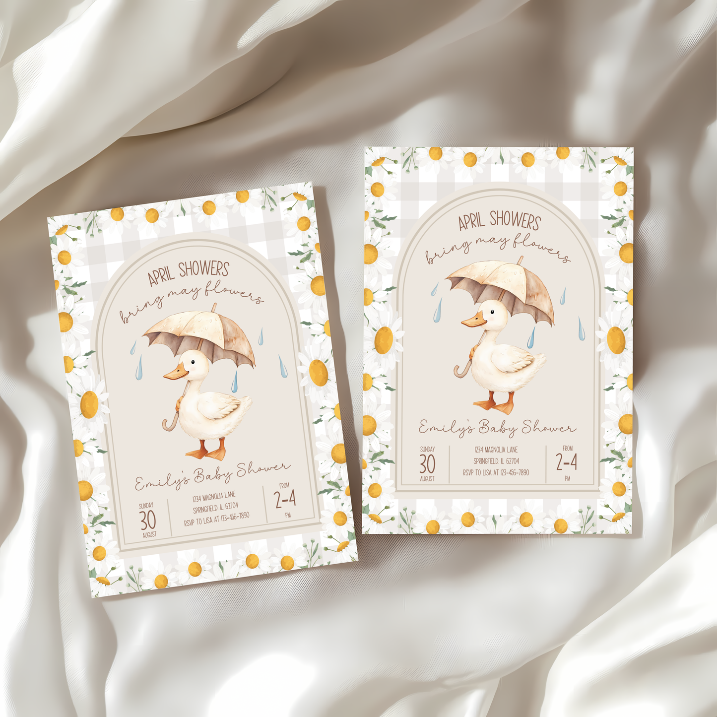 Baby Shower Invitation - Goose April Showers Bring May Flowers Neutral Beige Daisies