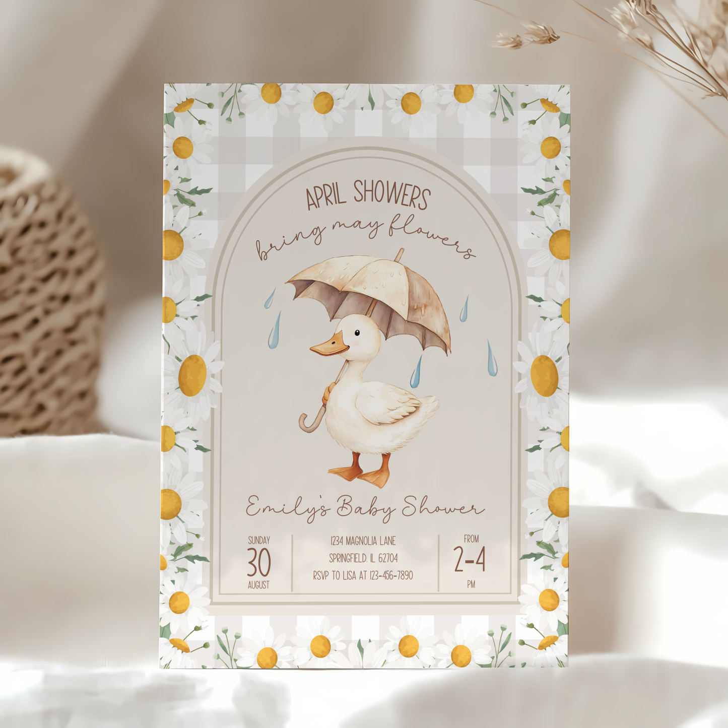 Baby Shower Invitation - Goose April Showers Bring May Flowers Neutral Beige Daisies