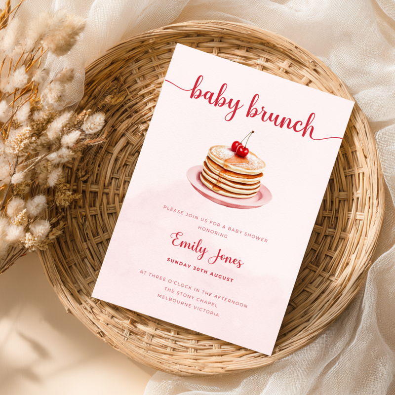 Baby Shower Invitation - Baby Brunch Pink Pancake with Cherry BS184