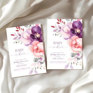Baby Shower Invitation - Baby In Bloom Pink Purple Flowers BS46
