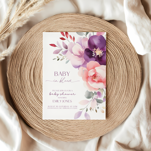 Baby Shower Invitation - Baby In Bloom Pink Purple Flowers BS46