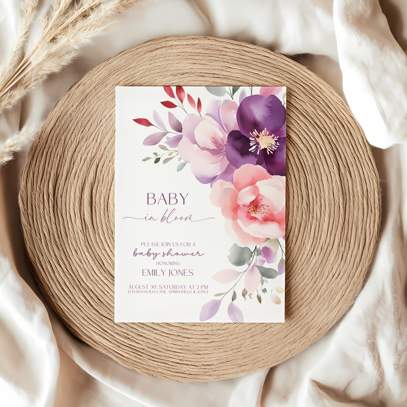 Baby Shower Invitation - Baby In Bloom Pink Purple Flowers BS46