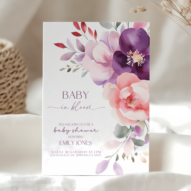 Baby Shower Invitation - Baby In Bloom Pink Purple Flowers BS46