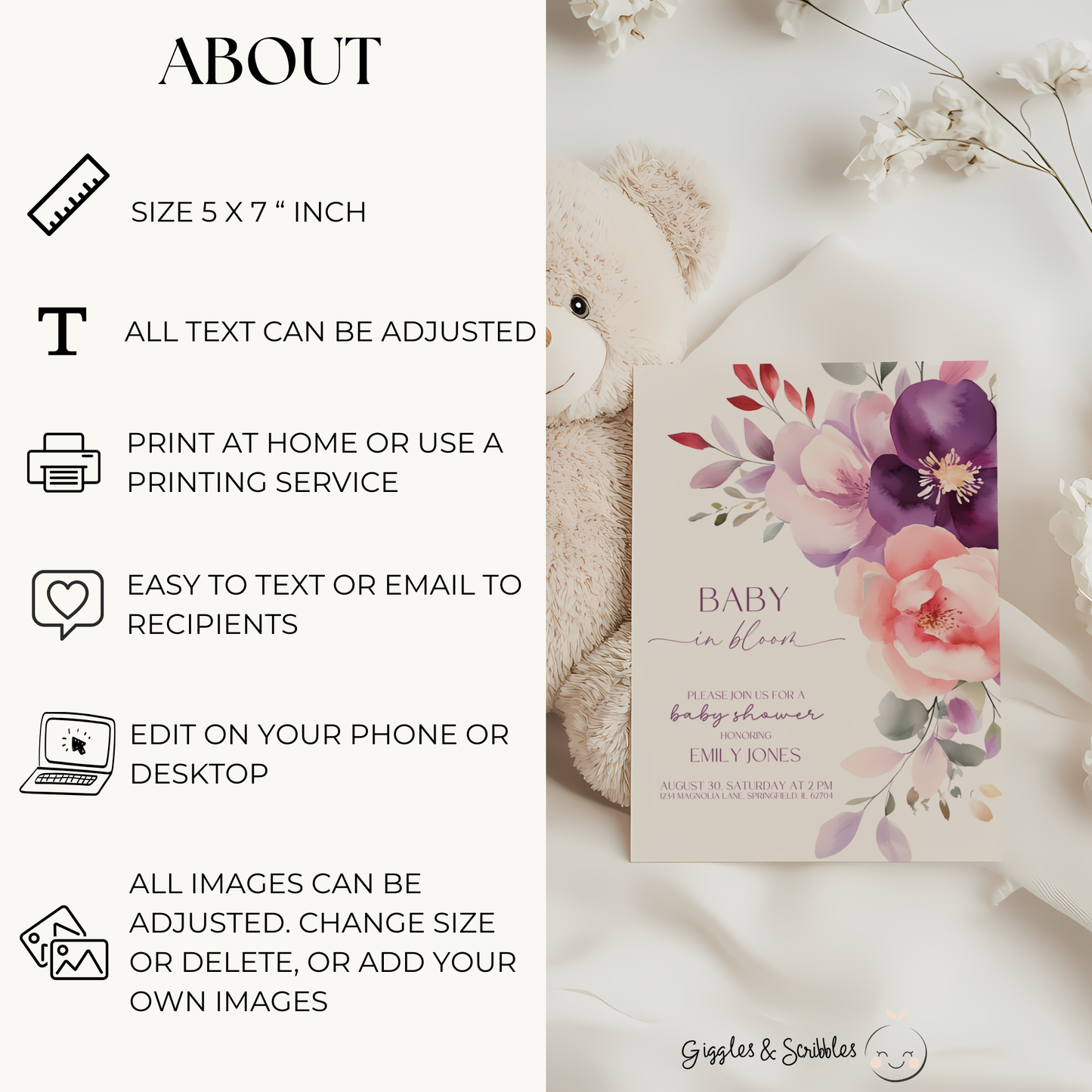 Baby Shower Invitation - Baby In Bloom Pink Purple Flowers BS46