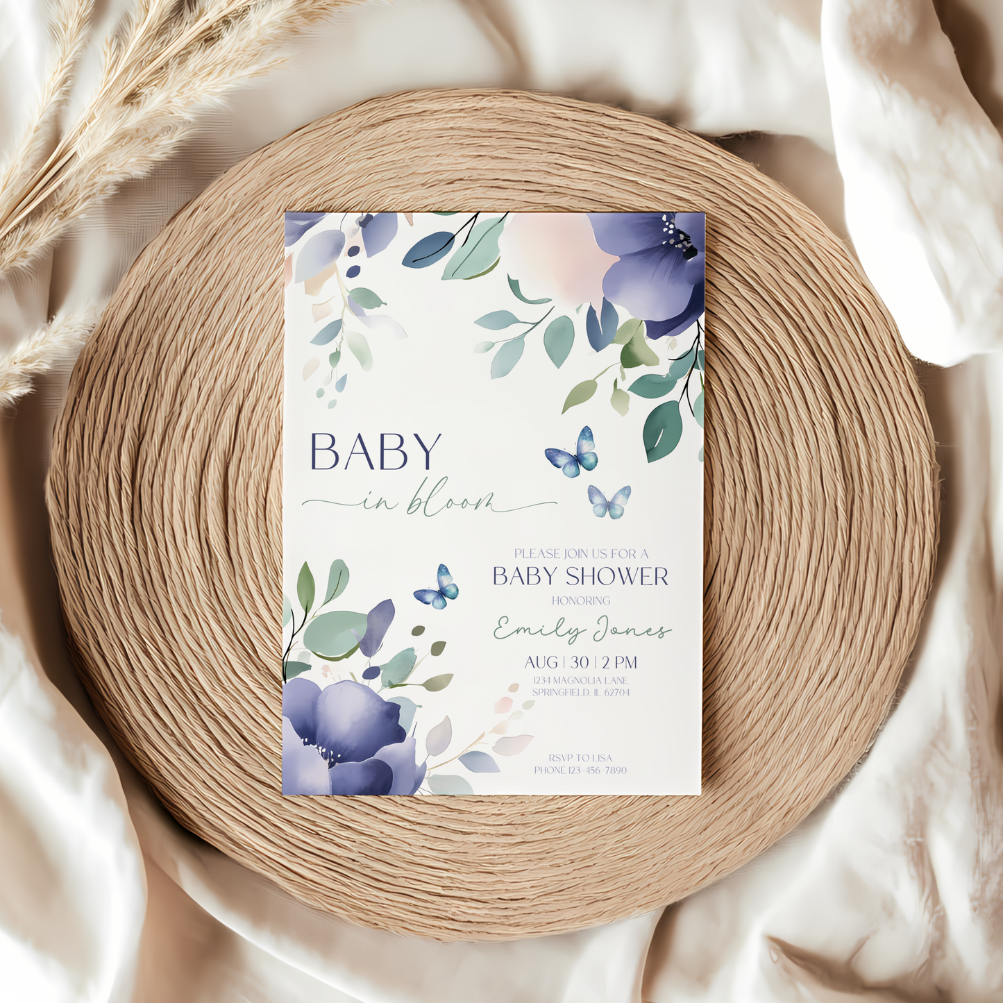 Baby Shower Invitation - Baby In Bloom Blue Green Flowers Butterflies BS47