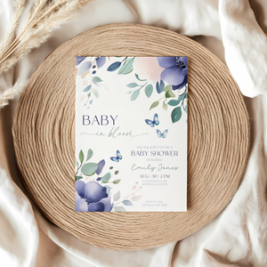 Baby Shower Invitation - Baby In Bloom Blue Green Flowers Butterflies BS47