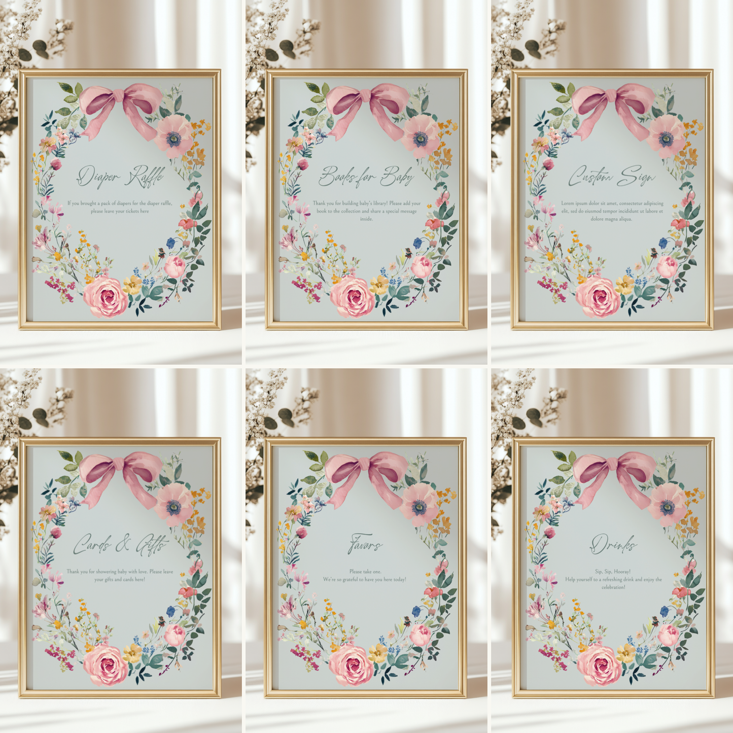 Baby Shower Table Sign Bundle - Baby In Bloom Sage Green Vintage Floral BS71