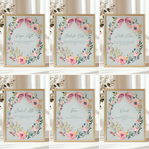 Baby Shower Table Sign Bundle - Baby In Bloom Sage Green Vintage Floral BS71