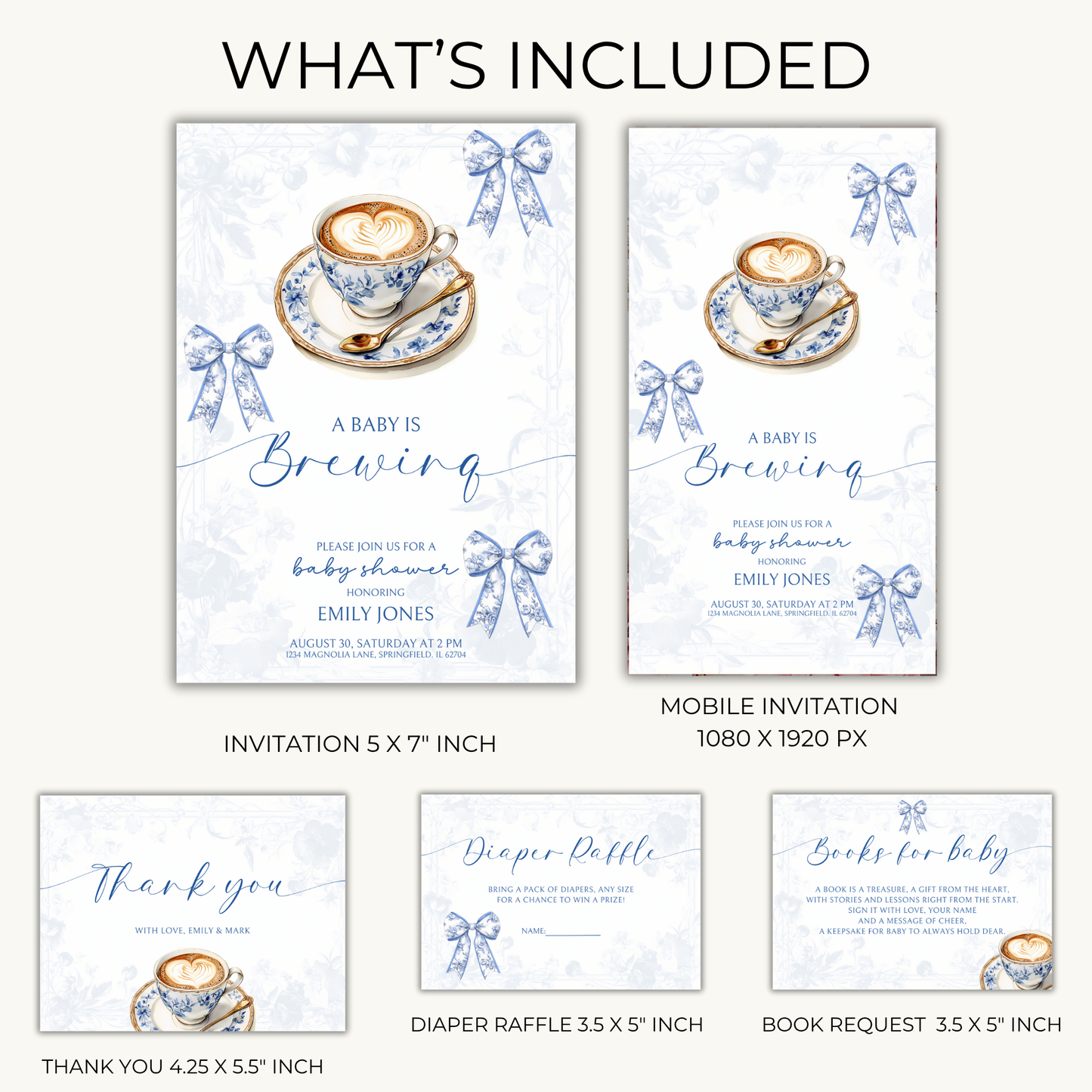 Baby Shower Invitation Bundle - Baby Is Brewing Blue Toile de Jouy BS62