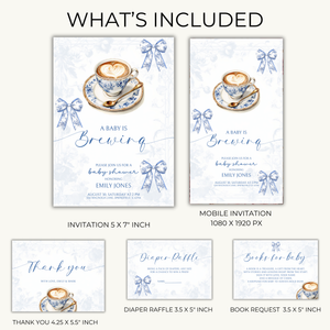Baby Shower Invitation Bundle - Baby Is Brewing Blue Toile de Jouy BS62