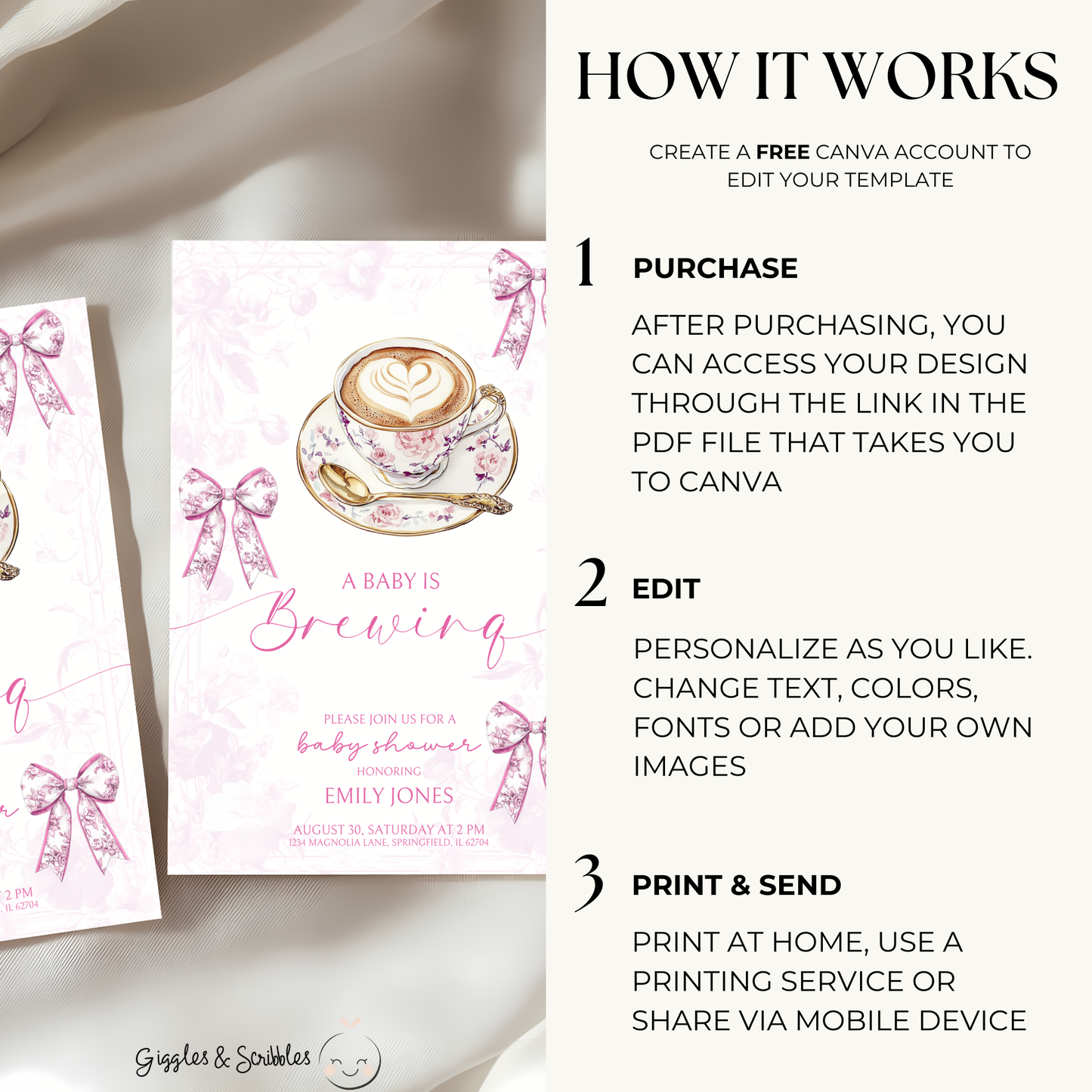 Baby Shower Invitation Bundle - Pink Baby Is Brewing Coffee Theme Toile de Jouy BS62