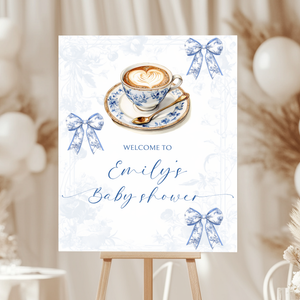 Baby Shower Welcome Sign - Coffee Blue Toile De Jouy A Baby Is Brewing BS62