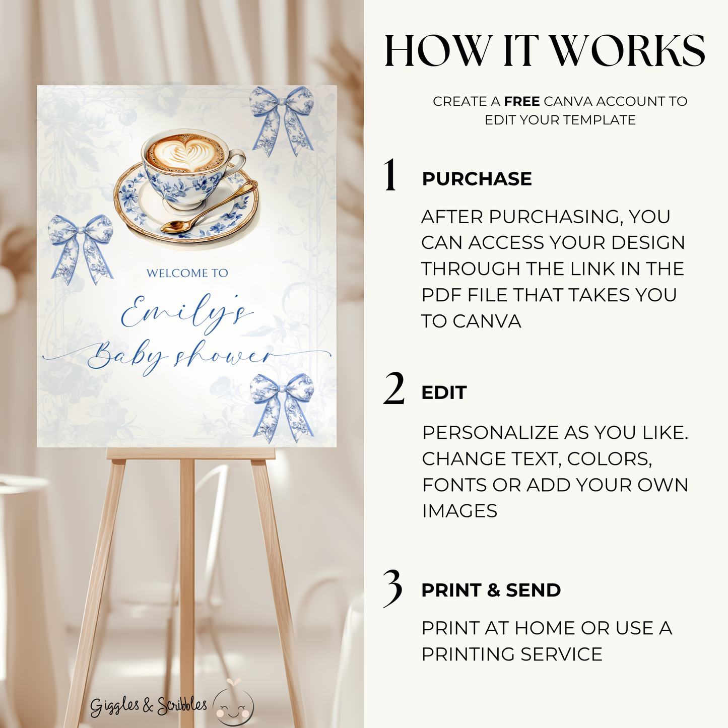Baby Shower Welcome Sign - Coffee Blue Toile De Jouy A Baby Is Brewing BS62