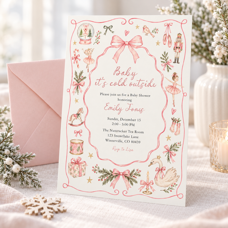 Baby It’s Cold Outside Pink Christmas Baby Shower Invitation BS336