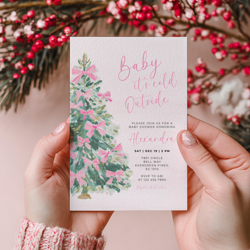 Christmas Tree with Pink Bows Baby Shower Invitation L49