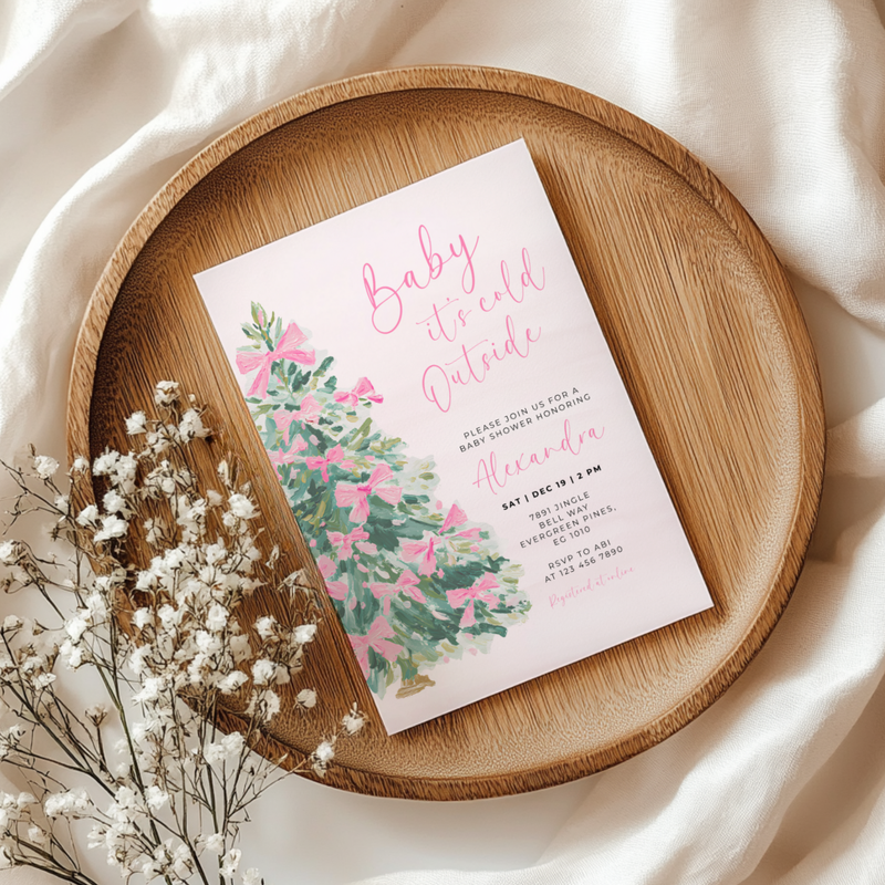 Christmas Tree with Pink Bows Baby Shower Invitation L49