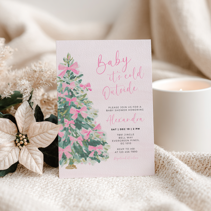 Christmas Tree with Pink Bows Baby Shower Invitation L49