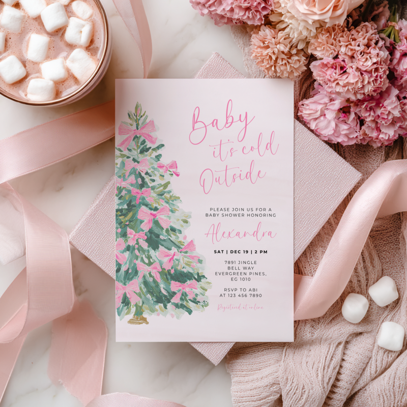 Christmas Tree with Pink Bows Baby Shower Invitation L49