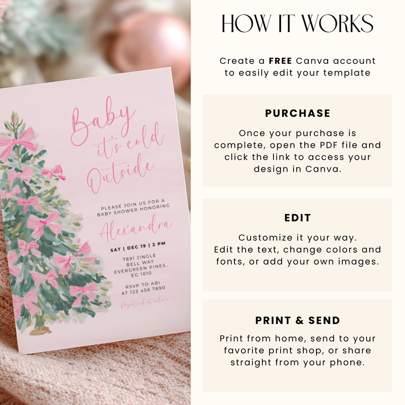 Christmas Tree with Pink Bows Baby Shower Invitation L49